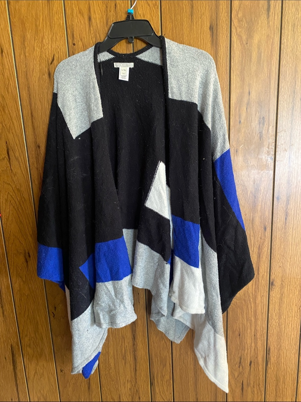 Dana Buchman Black, Gray & Royal Blue Geometric Open Front Sweater Wrap
